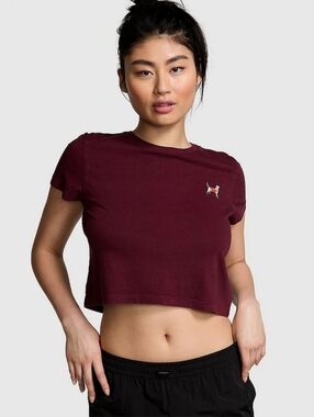 Victoria’s Secret PINK Cropped Tee S Purple Rose Logo Dog Graphic  Cotton Shirt